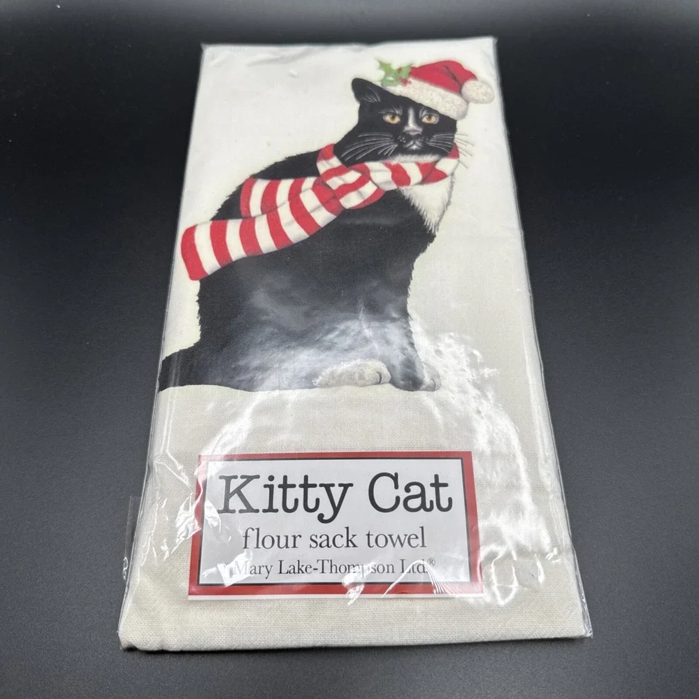 Mary Lake Thompson Flour Sack Kitchen Tea Dish Towel Tuxedo Cat Hat Christmas‎
